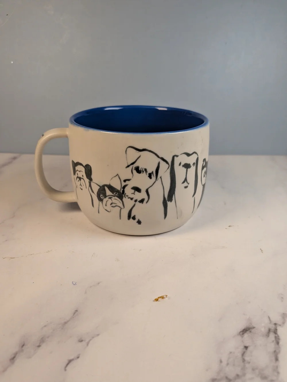 Anthropologie Cream Black Ceramic Dog Person Mug with Blue Interior